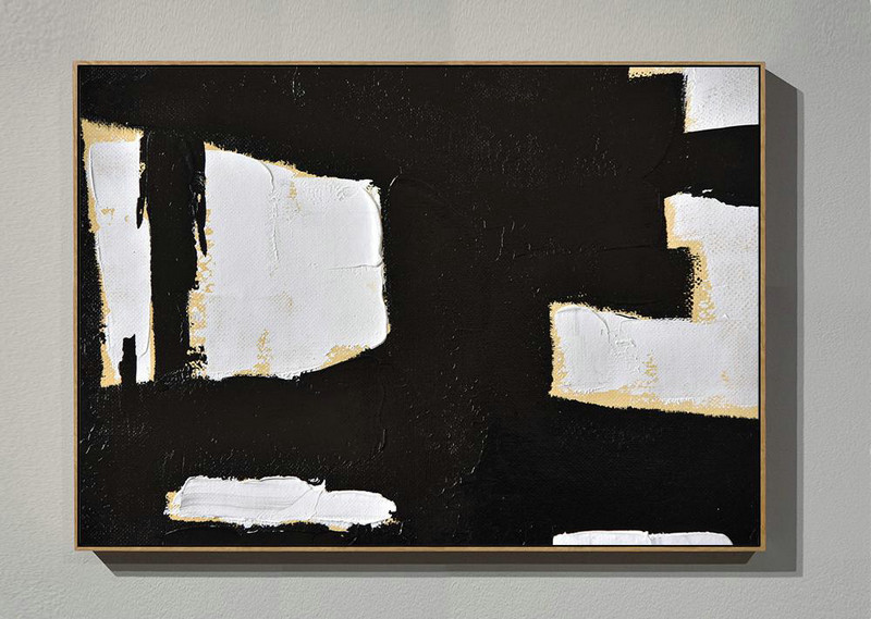 Horizontal Palette Knife Minimal Canvas Art Painting Black White Beige,Hand Paint Large Clean Modern Art #P6T4